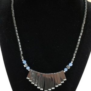 Hematite Metallic Necklace with Blue Cat Eye beads
